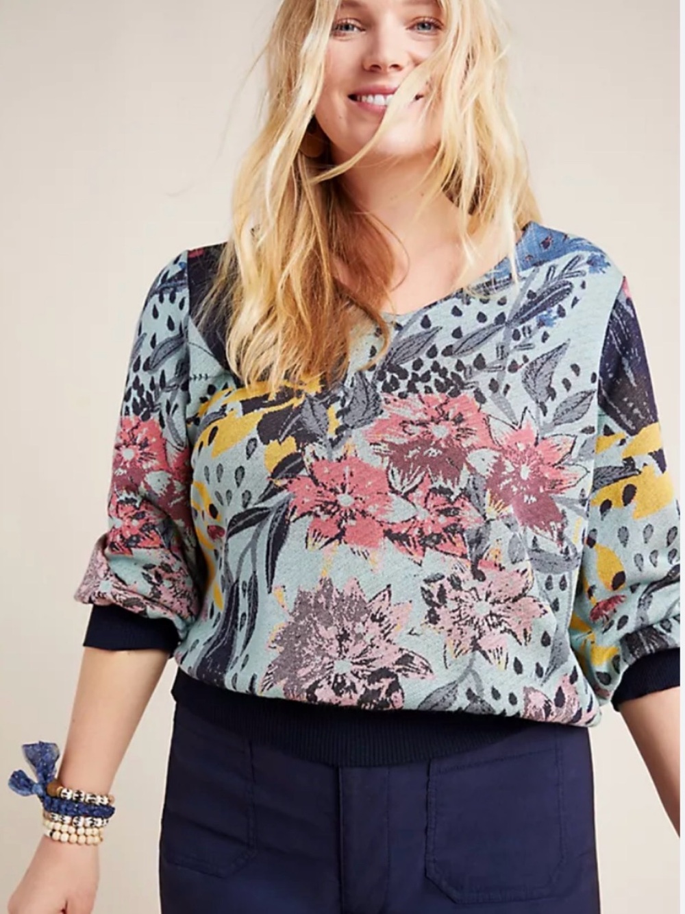 Anthropologie aldomartins Gray Knit Pullover with Multicolor Floral Print